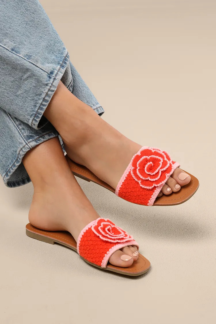 Simmy Orange and Pink Flower Slide Sandals | Lulus