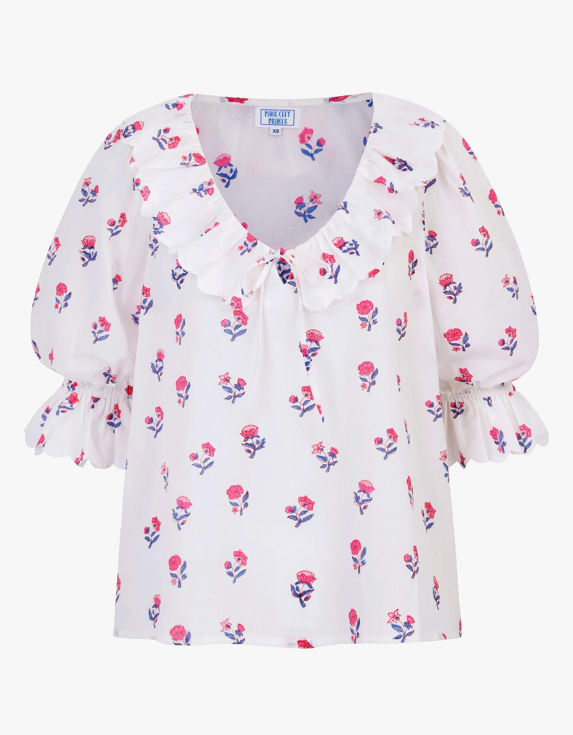 Ava Blouse| White, Blue & Pink Floral Top | Block Print Cotton | Pink City Prints UK