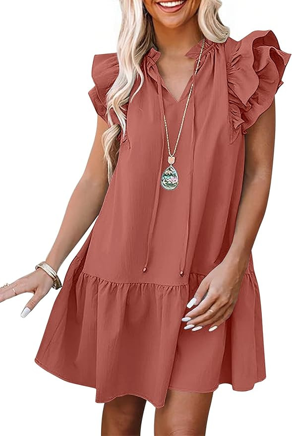 ANRABESS Womens Summer V-Neck Drawstring Ruffle Cap Short Sleeve Casual Shift Mini Dress with Poc... | Amazon (US)