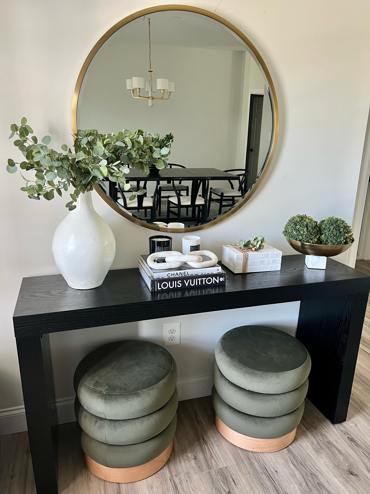 Styled entry table for my clients home! 
#entry #entrytable #entrytabledecor #coffetablebooks #consoletable #modernorganic #goldmirror #targetottoman #homedecor #homefinds 

#LTKhome #LTKstyletip #LTKFind