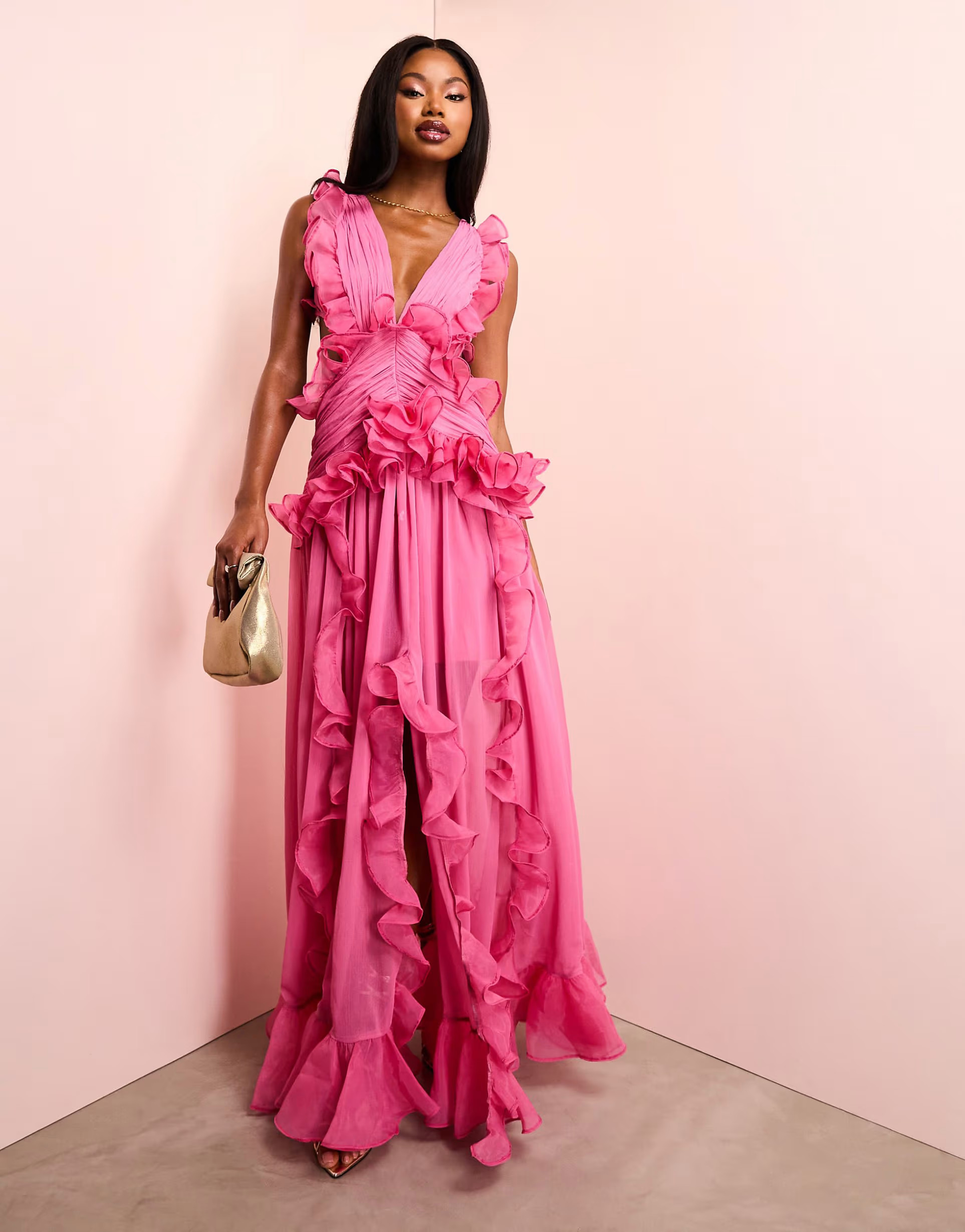 ASOS LUXE plunge maxi dress with ruched chiffon detail & open back in hot pink | ASOS (Global)