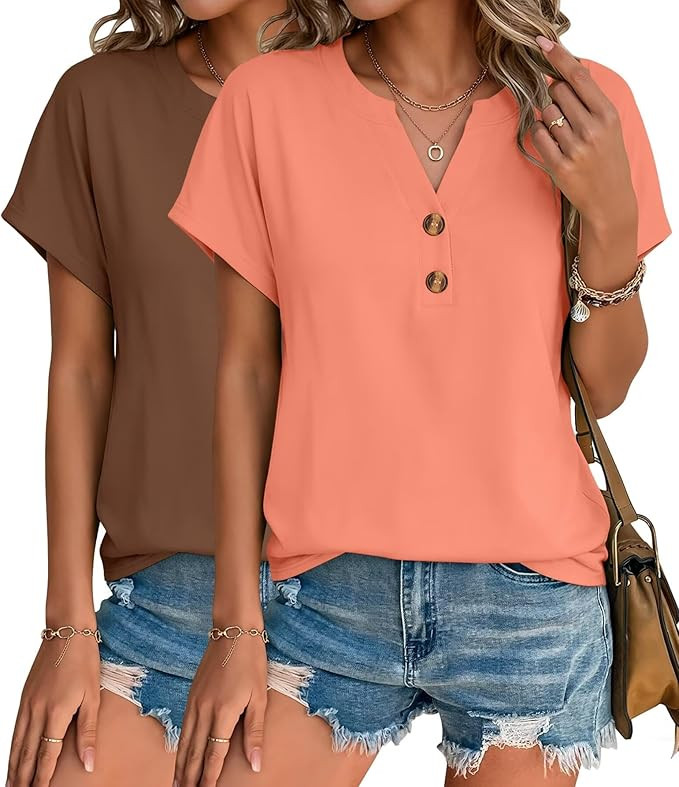 2 Pack Womens T Shirts V Neck Short Sleeve Henley Tops Work Business Casual Blouses Summer Dressy... | Amazon (US)