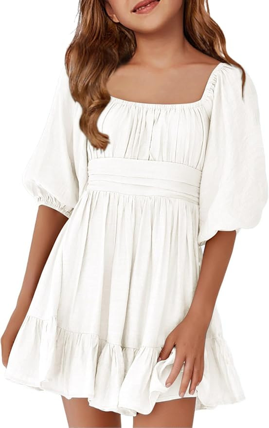 Girls Summer Dresses Square Neck Lantern Sleeve Tie Backless Ruffle A-Line Party Mini Dress | Amazon (US)