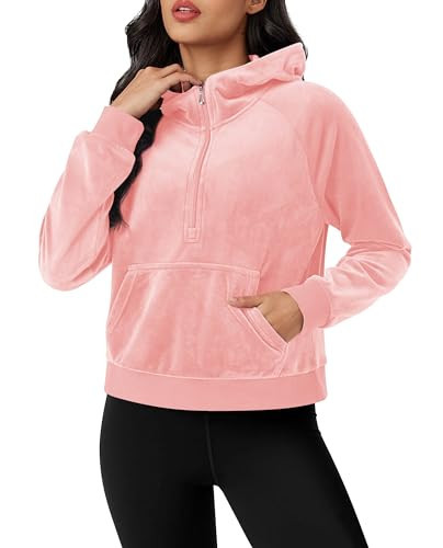 MAGCOMSEN Womens Cropped Sweatshirts Velour Hoodies with Kangaroo Pocket Casual Jogging Fleece Half-Zip Pullover, Pink, S | Amazon (US)