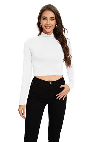 White Long Sleeve Crop Top Turtleneck White Cheer Turtleneck Cropped Mock Neck Tops Slim Fit Full Sleeve Crop Top for Women Fall White Medium | Amazon (US)