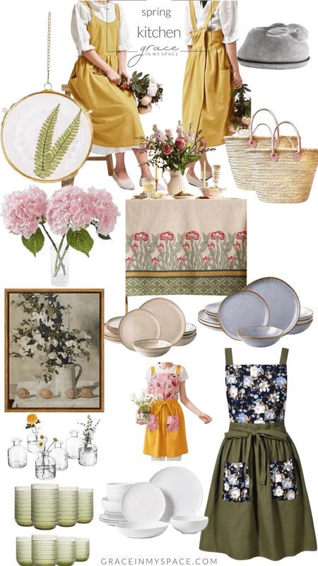 Spring kitchen decor! I love these aprons, spring dishes and beautiful spring artwork for a simple touch of spring in the kitchen and dining room. #creator2024 #amazonhome #spring2024 

#LTKhome #LTKfindsunder100 #LTKSeasonal
