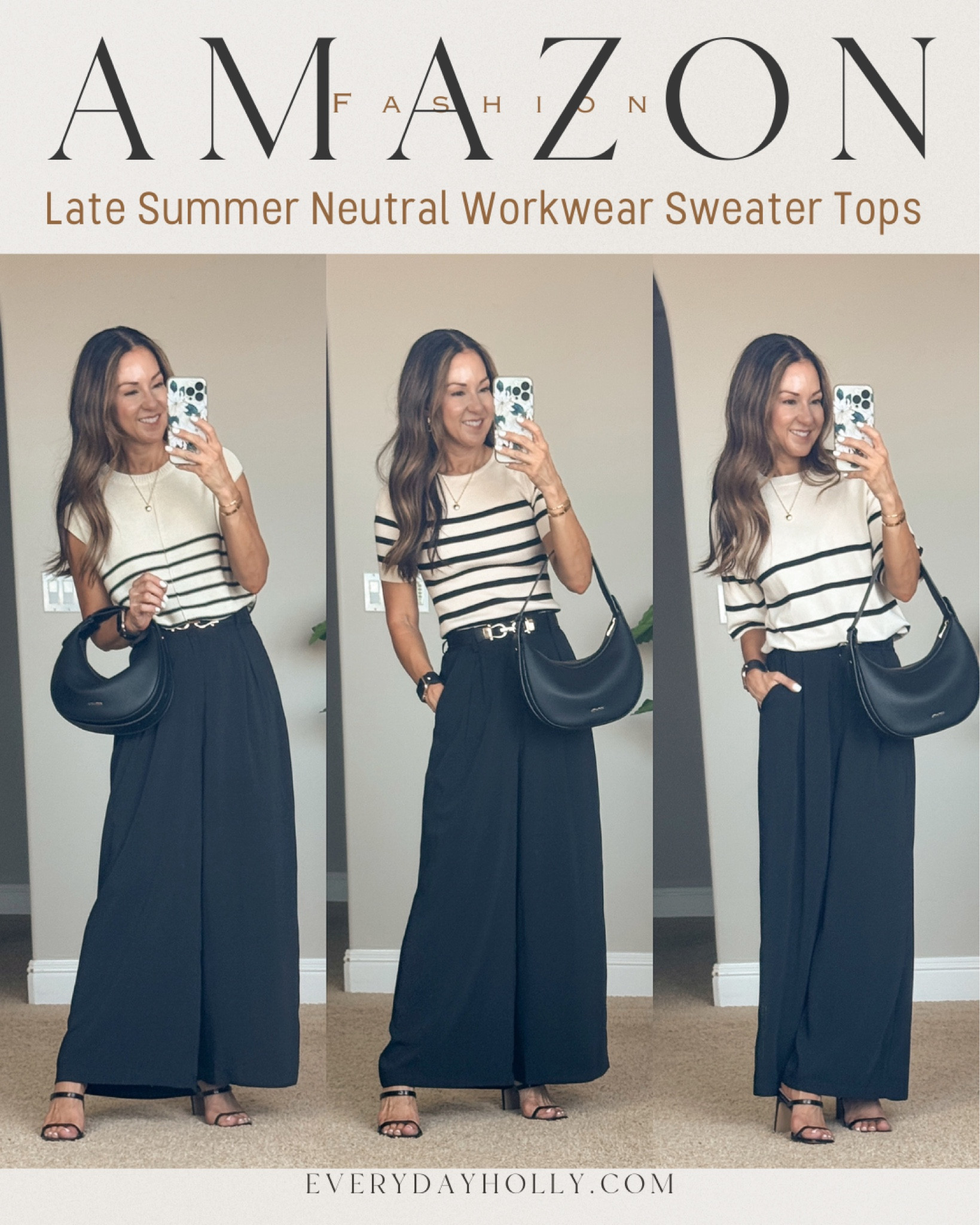 💥Sale‼️Amazon Late summer fall transition workwear style. 

💥Sales
12% off 1st sweater w/clickable q-pon
28% off 2nd sweater (8% sale + 20% clickable q-pon)
 39% off 3rd sweater (25% coupon + 14% clickable q-pon)
30% Black 2 strap heels
25% off purse
40% off Pajamas at beginning of reel

 neutral sweater tops, Stripe sweater short sleeve all size small! | workwear summer outfits, fall workwear, wide leg trousers XS short, stretchy belts, two strap heels TTS, crescent purse, crossbody


#LTKSaleAlert #LTKWorkwear #LTKOver40