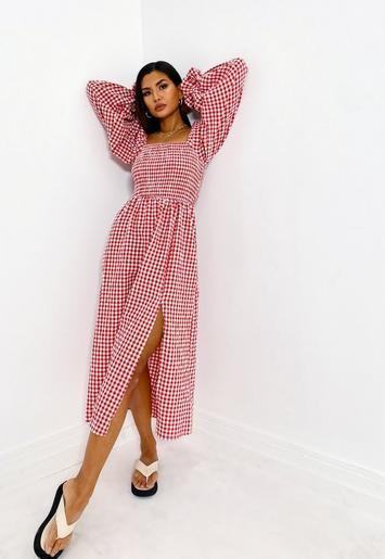 Red Gingham Shirred Bust Smock Midi Dress | Missguided (US & CA)