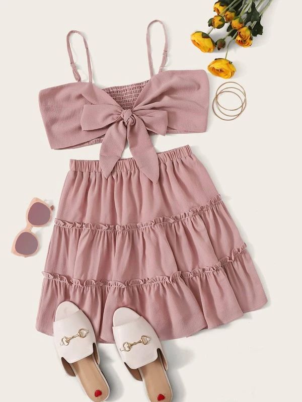 Plus Tie Front Shirred Cami Top & Frill Trim Skirt | SHEIN