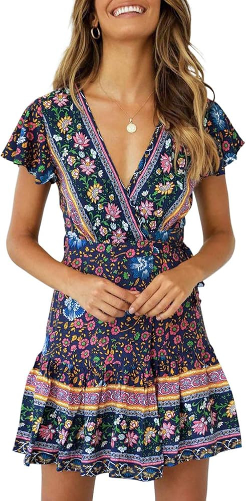 Women’s Summer Wrap V Neck Bohemian Floral Print Ruffle Swing A Line Beach Mini Dress | Amazon (US)