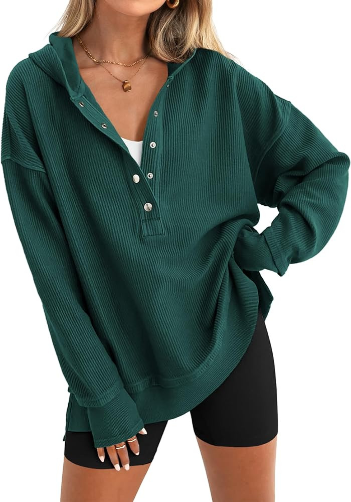 PRETTYGARDEN Womens Fashion 2024 Long Sleeve Hoodie Oversized Button Up V Neck Sweatshirt Side Sl... | Amazon (US)