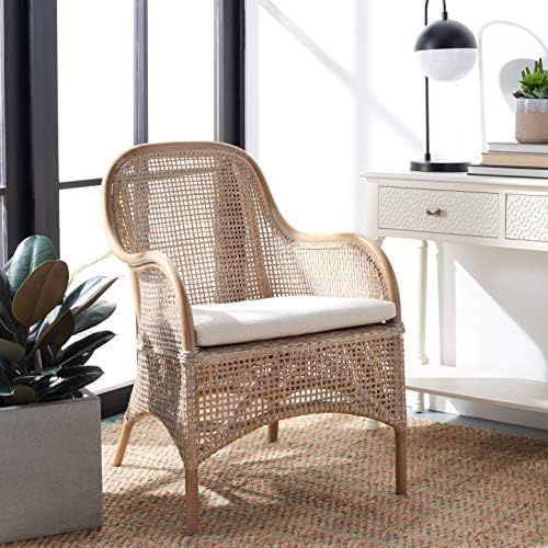 Safavieh Home Collection Charlie Grey Wash Rattan Cushion Accent Chair, Dark Natural/White | Amazon (US)
