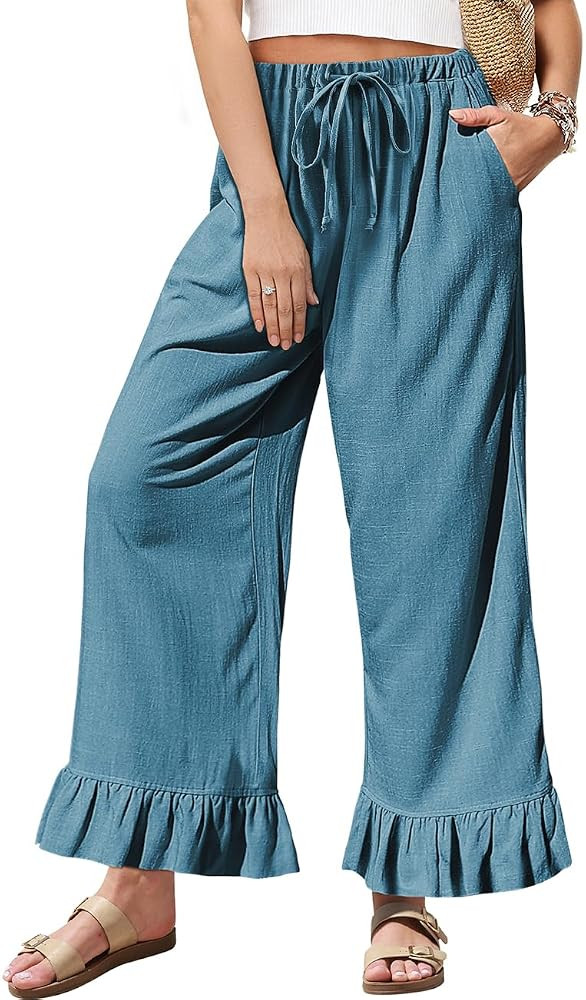 TARSE Women’s Linen Casual Pants Flared Leg Wide Leg Drawstring Ruffle Harem Palazzo Pants with... | Amazon (US)