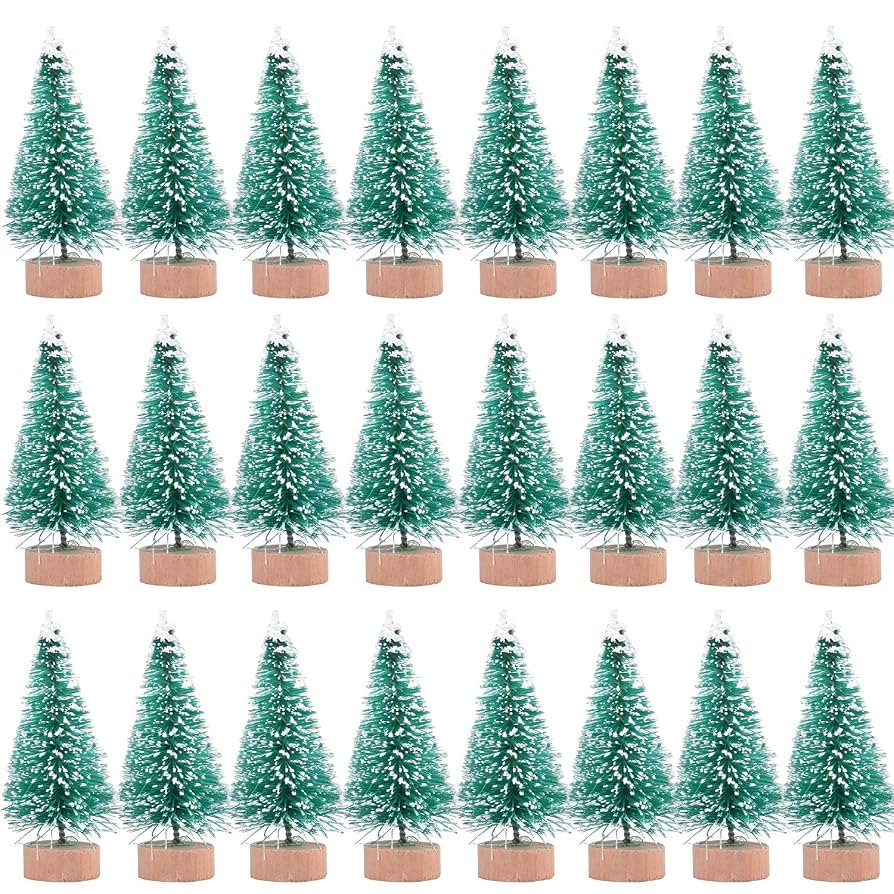 24 Pieces Artificial Mini Christmas Sisal Snow Frost Trees with Wood Base Bottle Brush Trees Plas... | Amazon (US)
