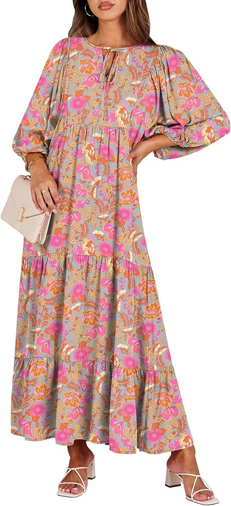ANRABESS Womens Boho Maxi Dresses 2025 Summer V Neck Puff Sleeve Floral Flowy Swing Casual Long D... | Amazon (US)