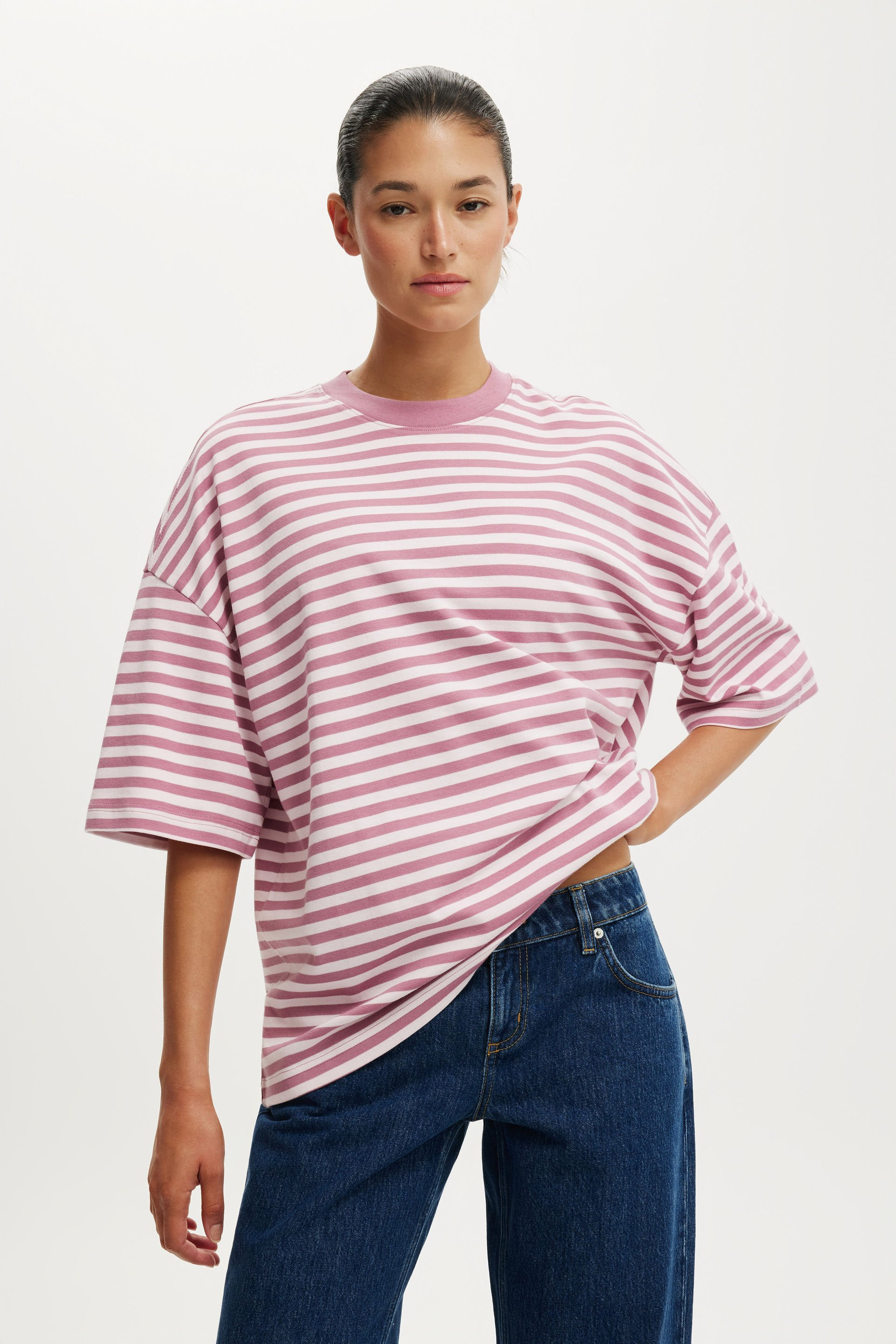 Cotton On Women - The Oversized Crew Tee - Sophie stripe pink berry/ babydoll | Cotton On (ANZ)
