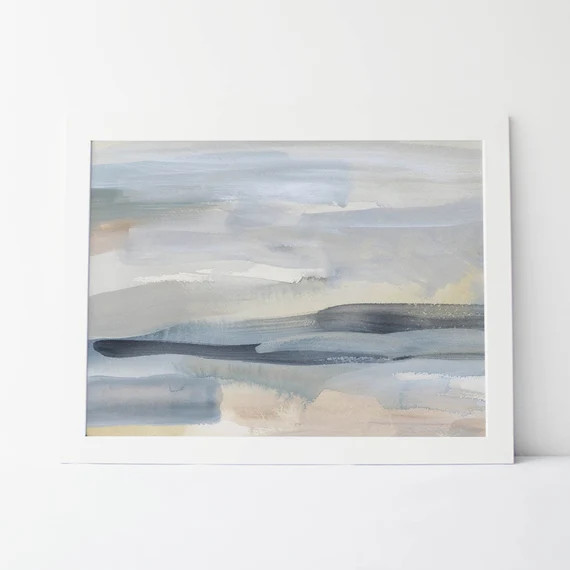 Beach Print Ocean Art Statement Painting Slate Blue and Tan - Etsy | Etsy (US)