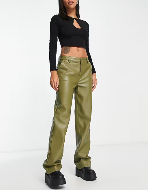 ASOS DESIGN faux leather straight leg pants in olive | ASOS (Global)