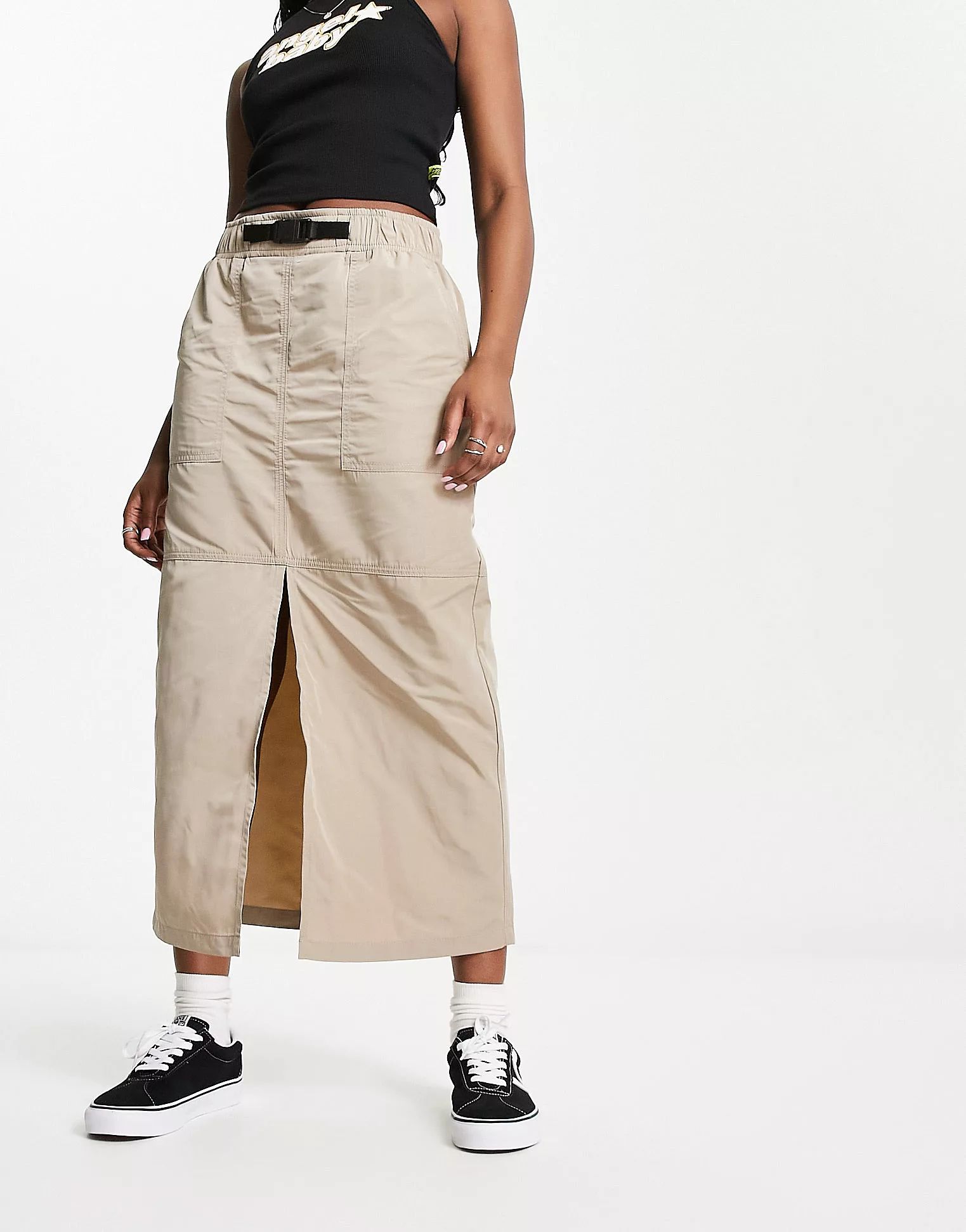 ASOS DESIGN maxi cargo skirt with belt detail in techy fabric in stone | ASOS (Global)