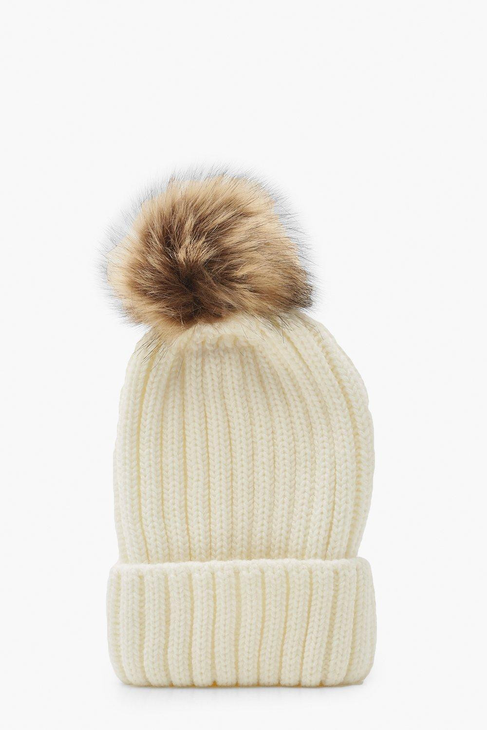 Womens Rib Knit Beanie With Large Faux Fur Pom - White - One Size | Boohoo.com (US & CA)