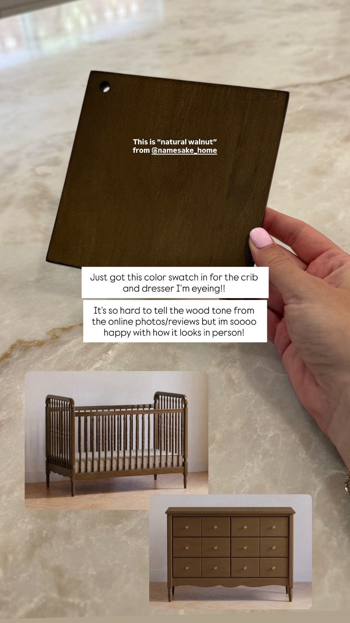 Wood sample from Namesake for the crib and dresser I’m looking at! 
I love it so much so I think these items are a go for the nursery!
•
•
Neutral nursery, walnut wood crib, 48” dresser, girl nursery, boy nursery, crib, dresser, nursery dresser, baby room, nursery setup, nursery inspo, wood crib, classic nursery, vintage nursery.

#LTKBaby #LTKHome