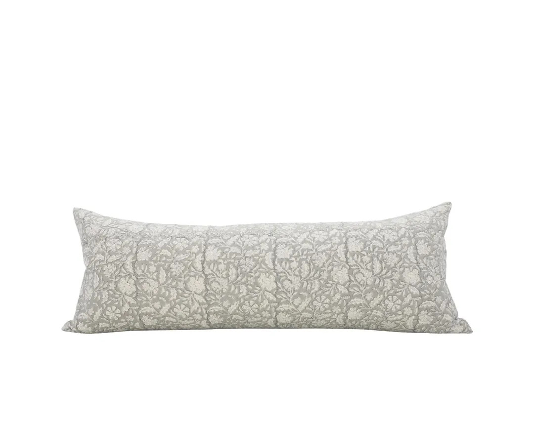 ANJU || Muted Gray Floral Long Lumbar Pillow Cover Oversized Floral Lumbar Gray Floral Bed Pillow... | Etsy (US)