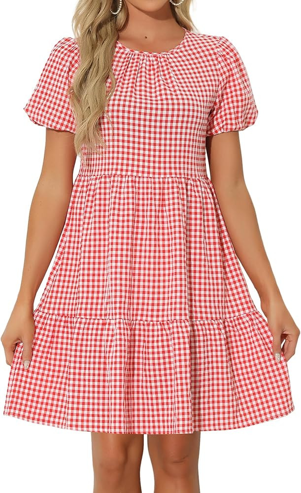 Allegra K Summer Dress for Women Gingham Short Sleeve Plaid Dresses Crewneck Loose Babydoll Casua... | Amazon (US)