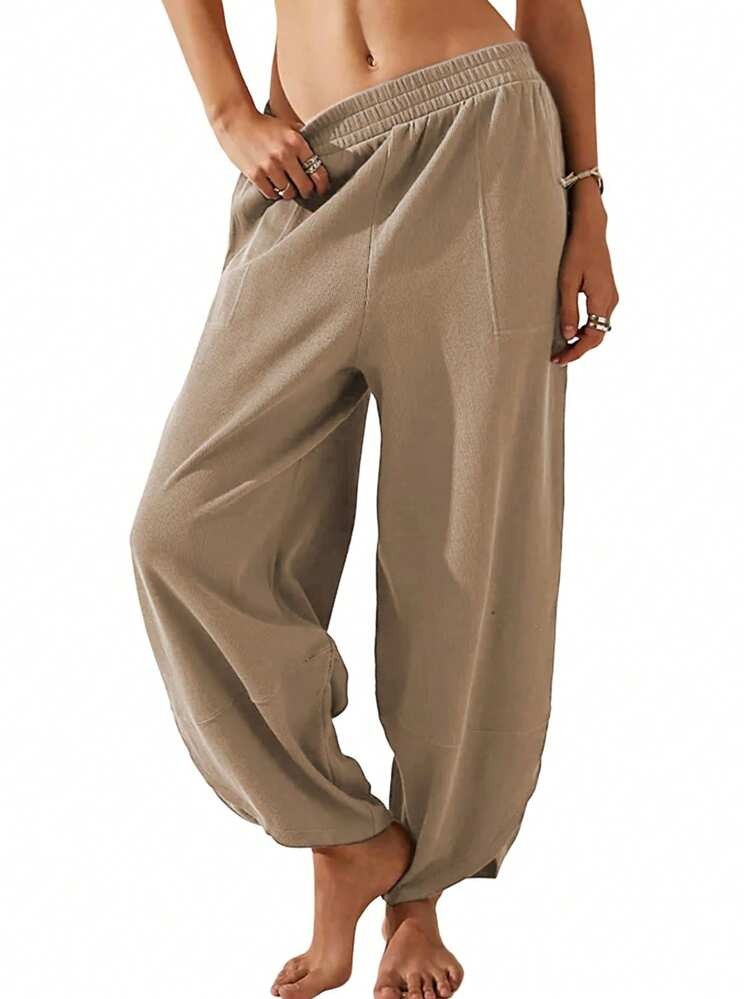 Womens Baggy Wide Leg Pants Cotton Elastic Waisted Loose Palazzo Harem Pants With Pockets | SHEIN