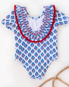 Patriotic Crown Print Smocked Swimsuit | Smockingbird Kids