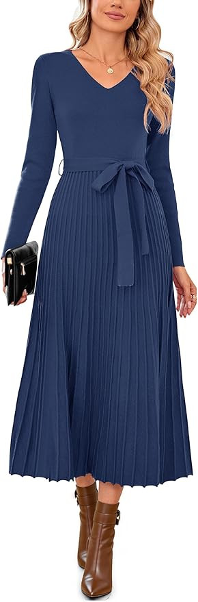 Arach&Cloz Women's Wool Blend Tie Waist Pleated Fall Sweater Dress 2025 | Amazon (US)