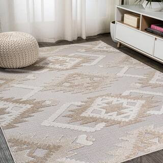 Sumak High-Low Pile Neutral Diamond Kilim Beige/Gray 5 ft. x 8 ft. Indoor/Outdoor Area Rug | The Home Depot