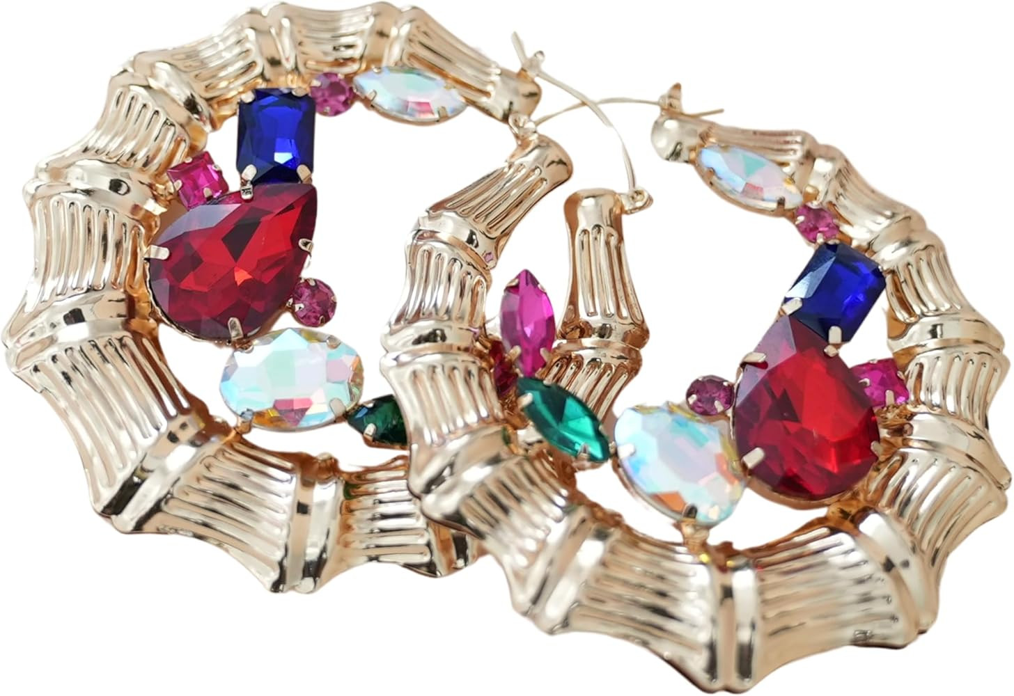 Gold Bamboo Earrings With Colourful Rhinestones, Gold, Mixed | Amazon (US)