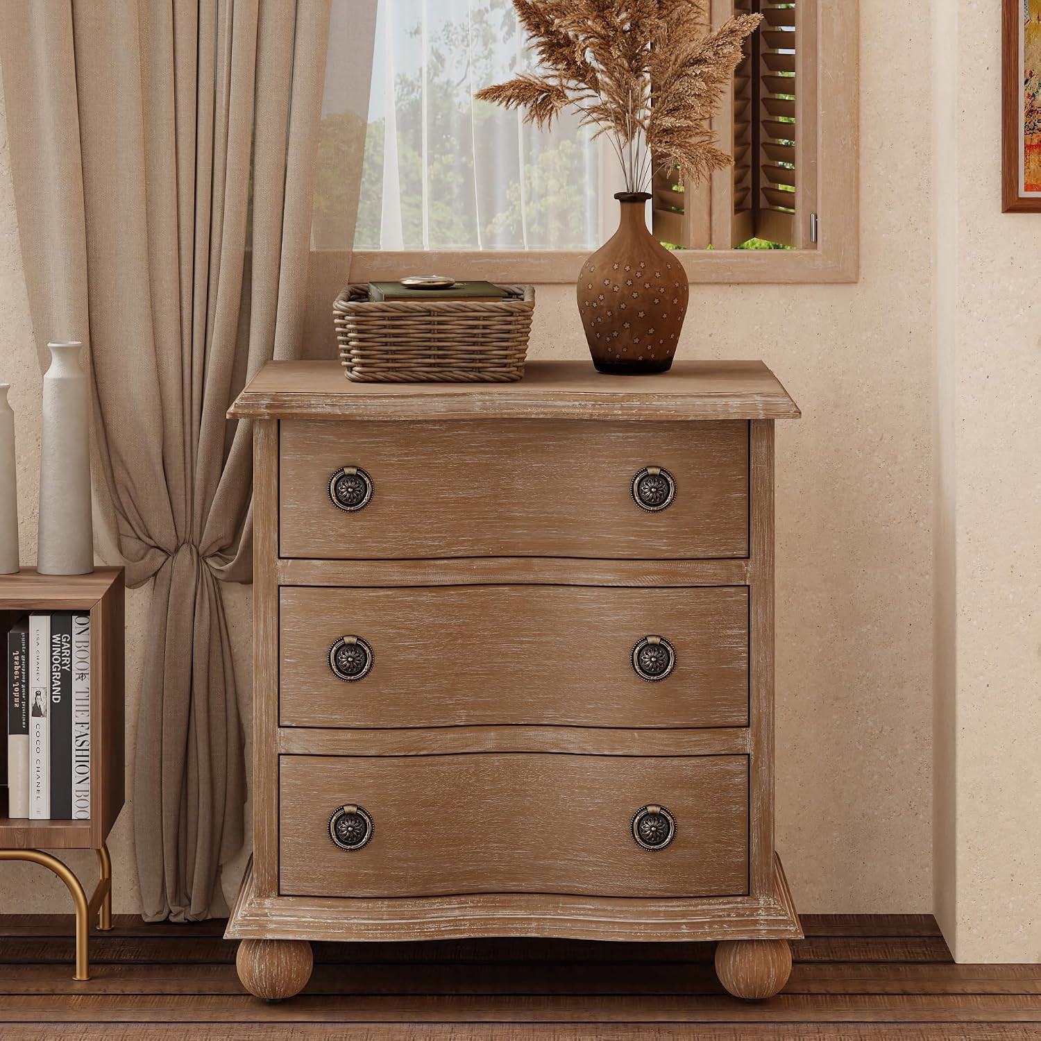 COZAYH Farmhouse 3 Drawer Nightstand with Distressed Wood Finish, Rustic Vintage Dresser with Curved Front Design, Solid Pine Base for Bedroom, Almost Fully Assembly, Transitional, Brown | Amazon (US)
