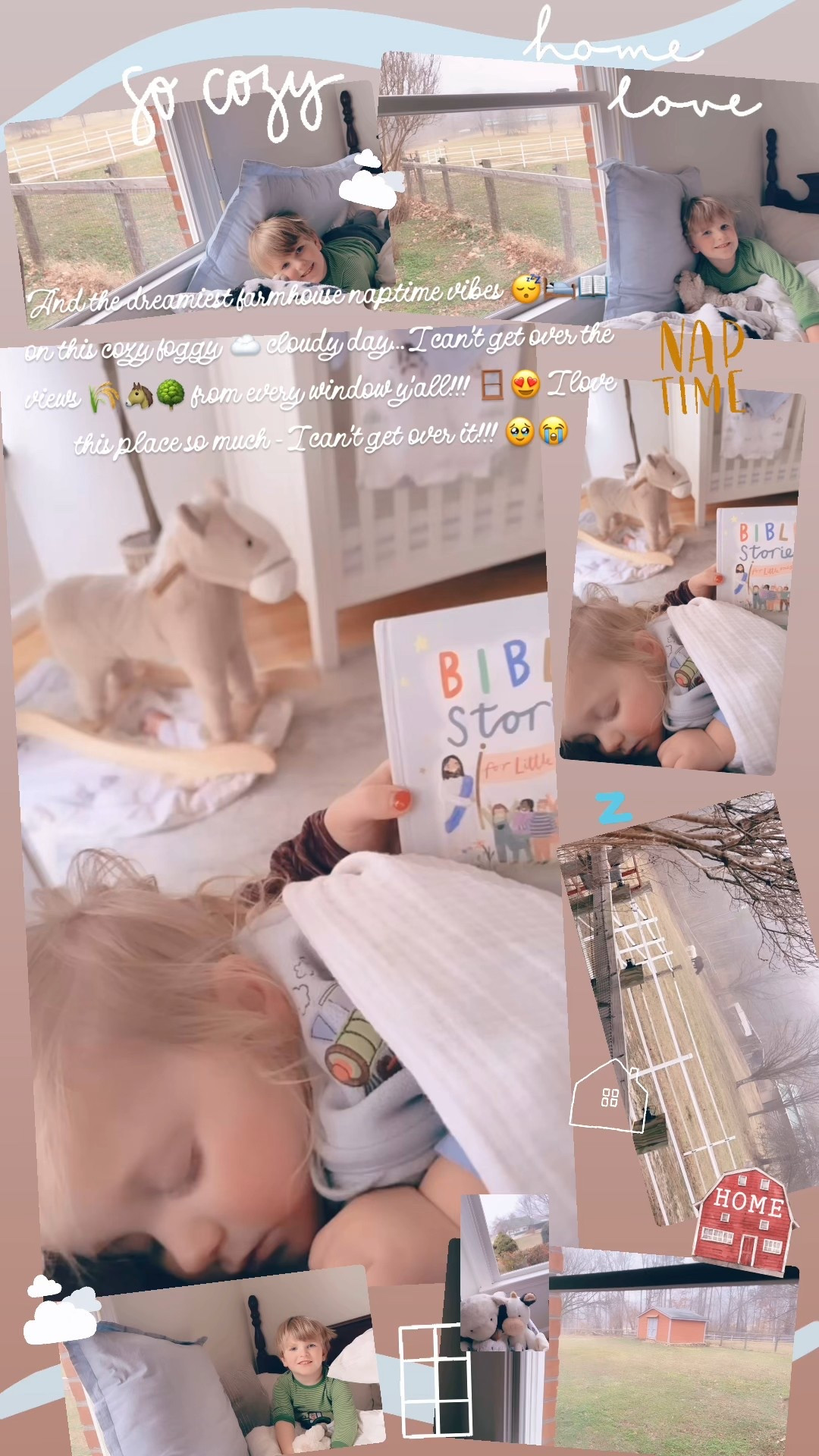 And the dreamiest farmhouse naptime vibes 😴🛌📖 on this cozy foggy ☁️ cloudy day… I can’t get over the views 🌾🐴🌳 from every window y’all!!! 🪟😍 I love this place so much - I can’t get over it!!! 🥹😭