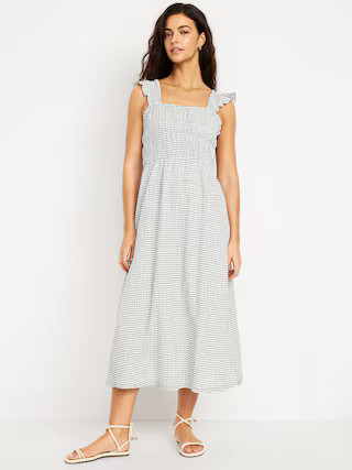 Fit & Flare Lightweight Smocked Gingham Midi Dress | Old Navy (US)