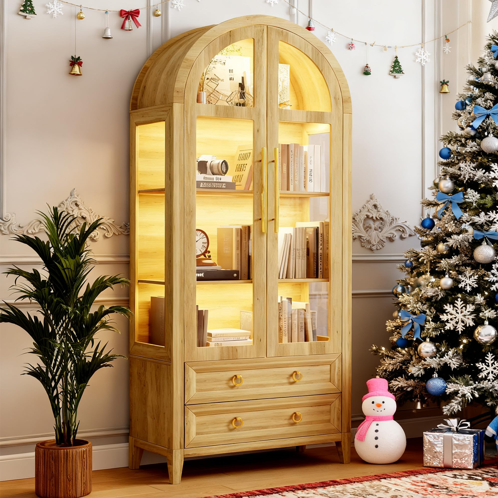 LVSOMT 71" Tall Arched Storage Cabinet with Glass Doors and Drawers, Curio Display Cabinet with A... | Amazon (US)