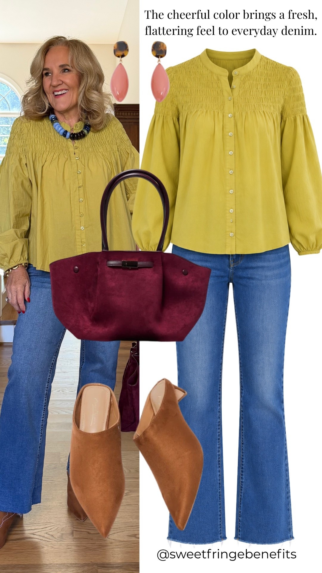 Oh, this smocked blouse is such a cheerful little change for fall! I’m wearing a medium in the top and a size 29 in the jeans, and I really like that pop of burgundy with it.