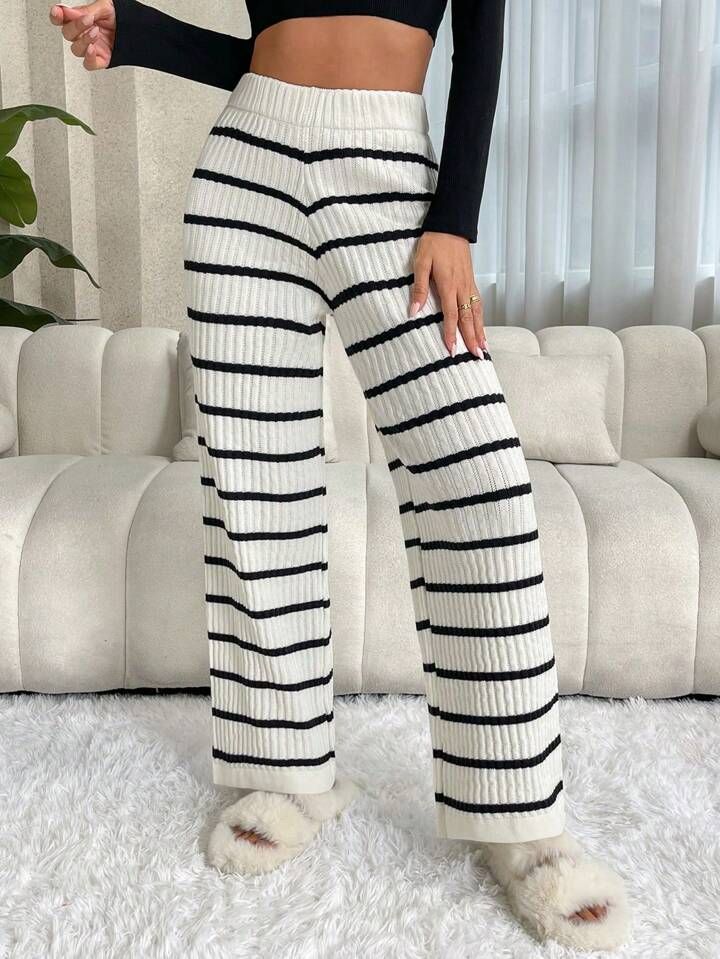 SHEIN Essnce Striped Pattern Knit Pants | SHEIN