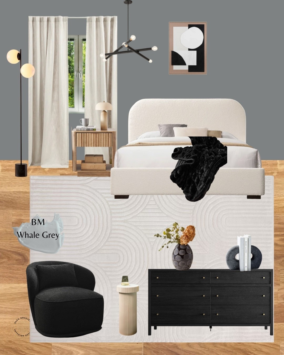 Affordable bedroom design, white boucle queen bed, neutral rug, black dresser, black accent chair and white fluted side table, fluted nightstand from Wayfair and black & white wall art. Lighting from West Elm. #homedecor #monochrome #bedroom

#LTKFamily #LTKSeasonal #LTKHome