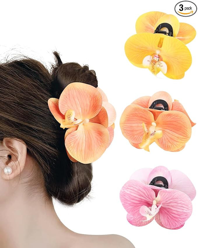 WELROG Orchid Flower Hair Claw Clips 3 Pack - Medium 11cm Spring Hair Claws for Women, Hawaiian B... | Amazon (US)