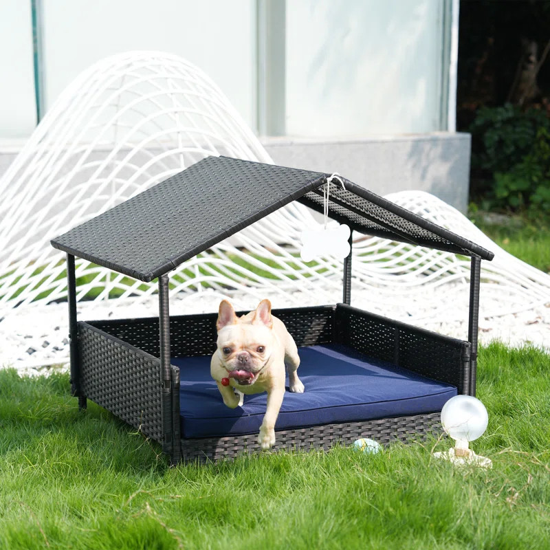 Outdoor Wicker Dog Sofa With Roof And Cushion | Wayfair North America