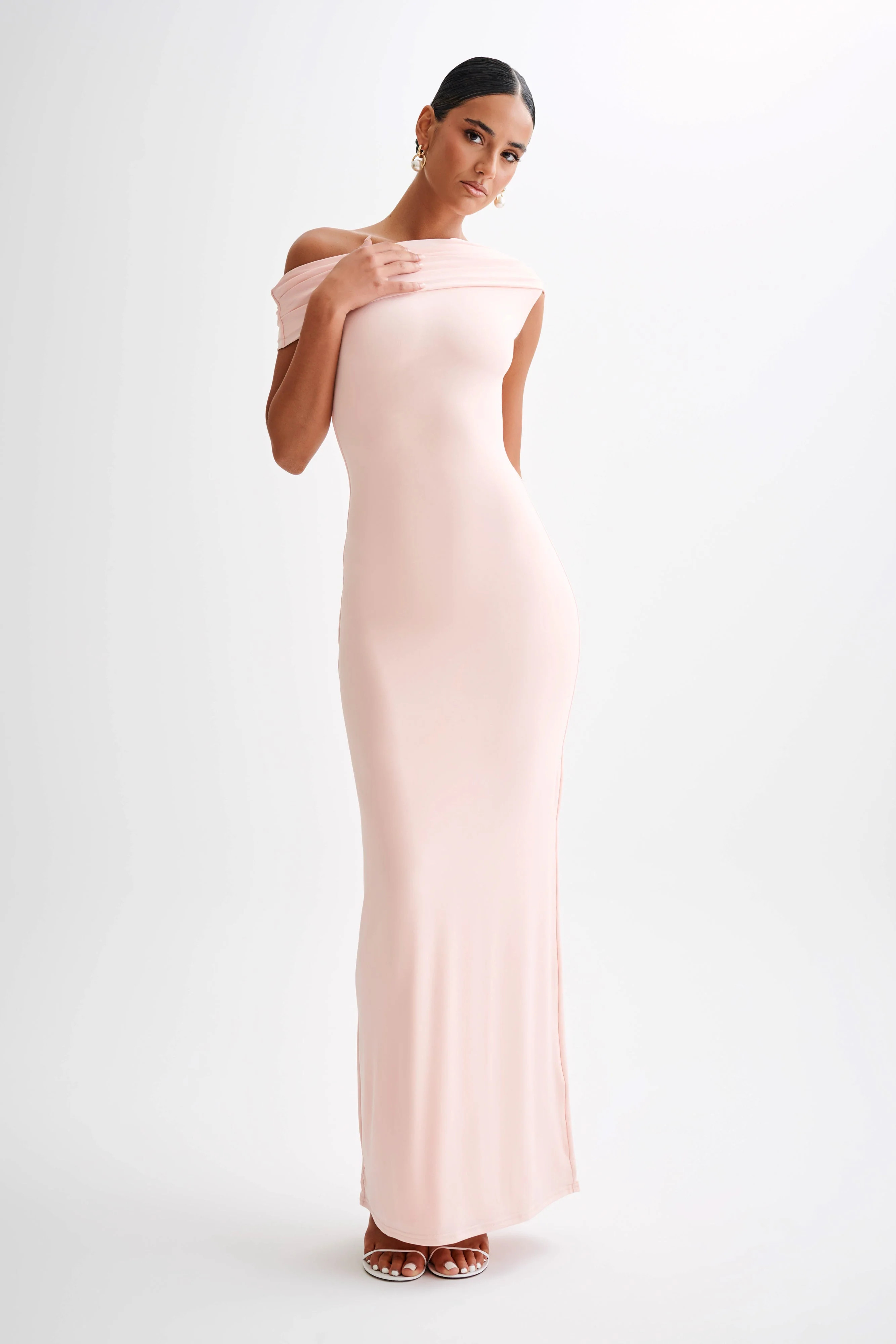 Cassandra Off Shoulder Slinky Maxi Dress - Pale Pink | MESHKI US