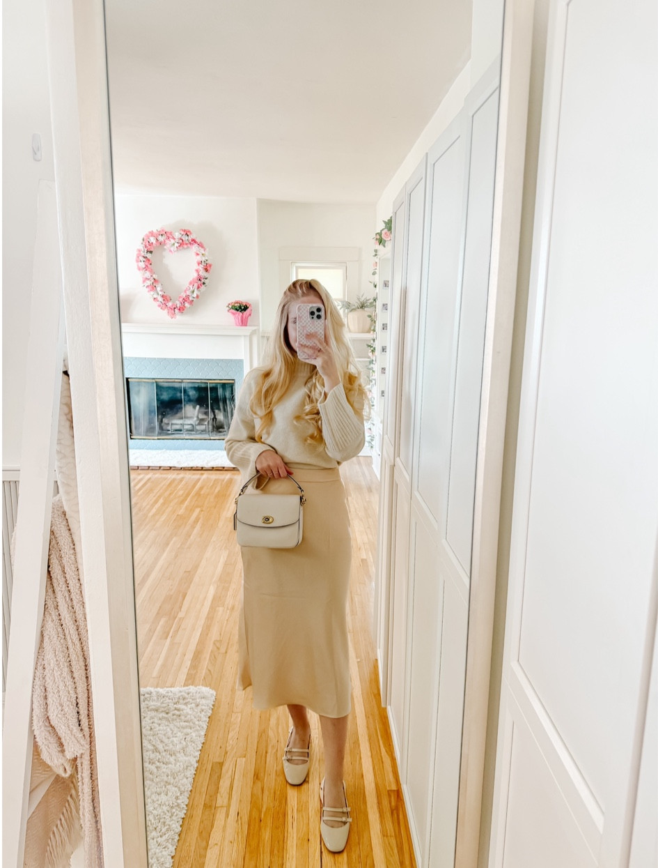 Valentine’s Day date night outfit cream sweater silk shirt Paula Babies Sézane 

#LTKstyletip #LTKfindsunder50 #LTKsalealert