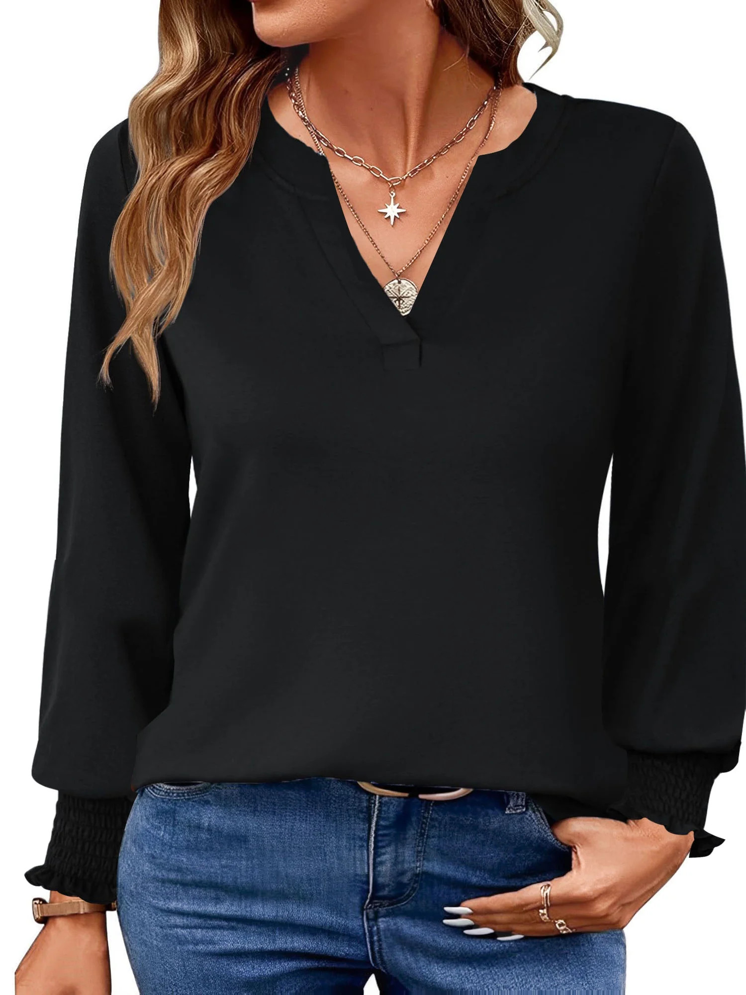 UVN Womens Fall Blouses Long Sleeve V neck Shirts Dressy Casual Smocked Cuffs Tunic Tops | Walmart (US)