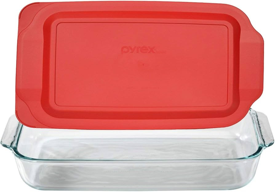 Pyrex Basics 3 Quart Glass Oblong Baking Dish with Red Plastic Lid -13.2 INCH x 8.9inch x 2 inch | Amazon (US)