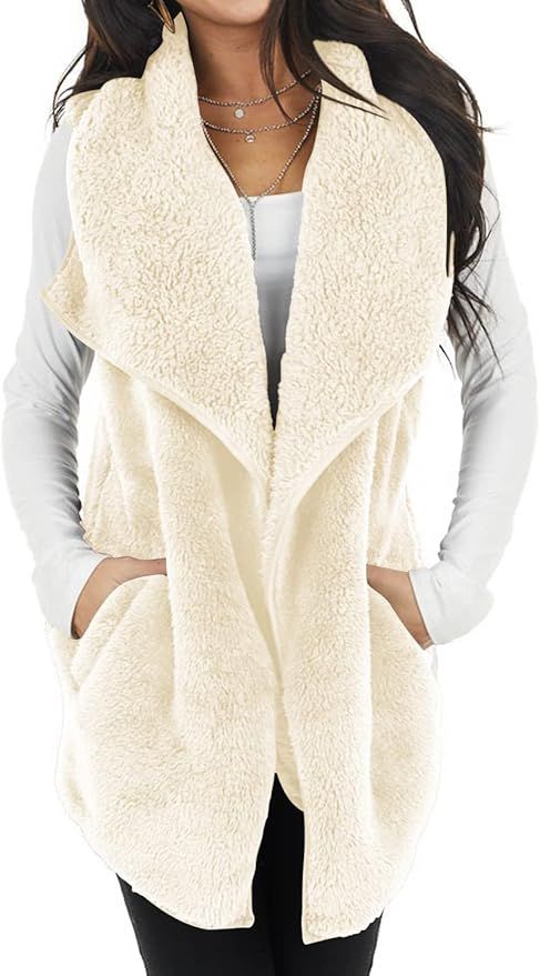ReachMe Womens Sleeveless Sherpa Vest with Pockets Lapel Open Front Fleece Cardigan Sweater Fuzzy... | Amazon (US)
