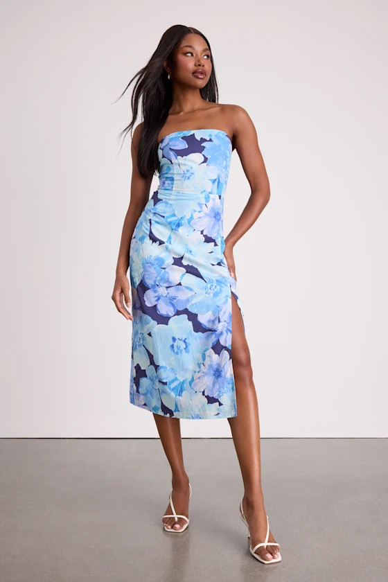 Bold Tendencies Blue Floral Strapless Cutout Midi Dress | Lulus
