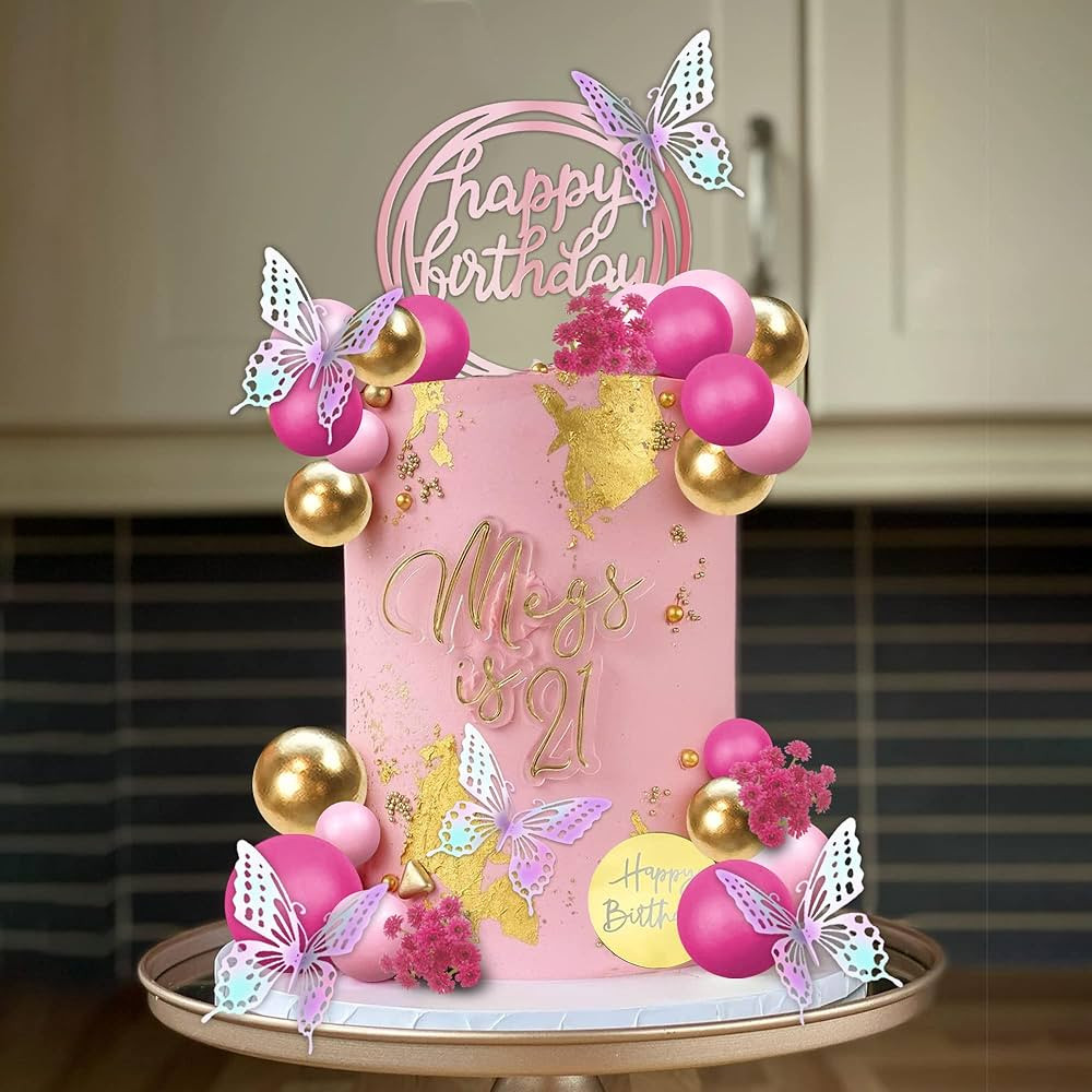 41 PCS Balls Cake Decorations Flower Butterfly Cake Topper with Hot Pink and Gold Balls Balls Hap... | Amazon (US)