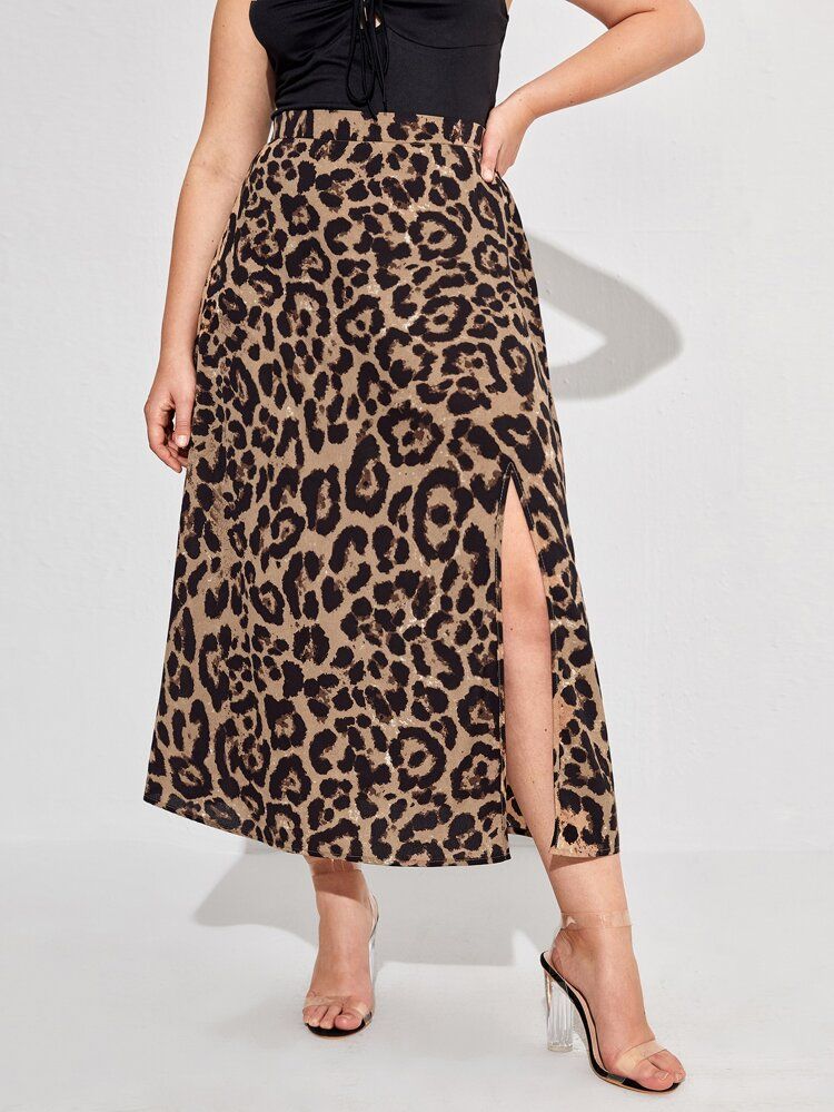 SHEIN Plus Split Hem Leopard Skirt | SHEIN