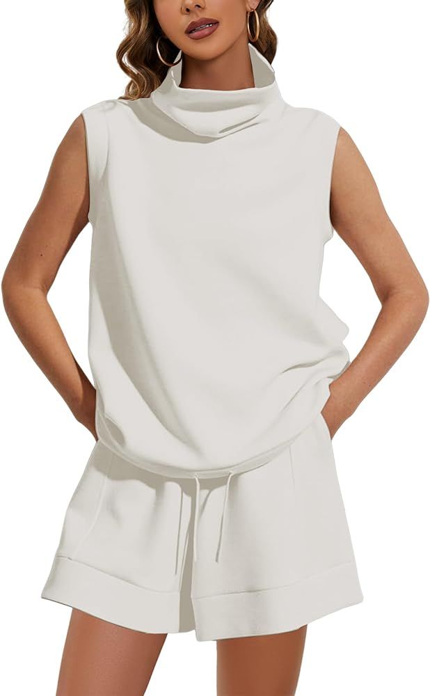 Women 2 Piece Tracksuit Turtleneck Sleeveless Vest Tank High Waist Drawstring Shorts with Pockets... | Amazon (US)